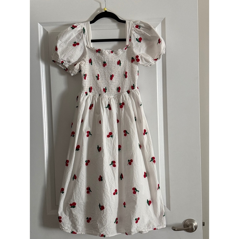Parami Design White Cherry Embroidered Smocked Puff Sleeve Midi Dress XL Cottage